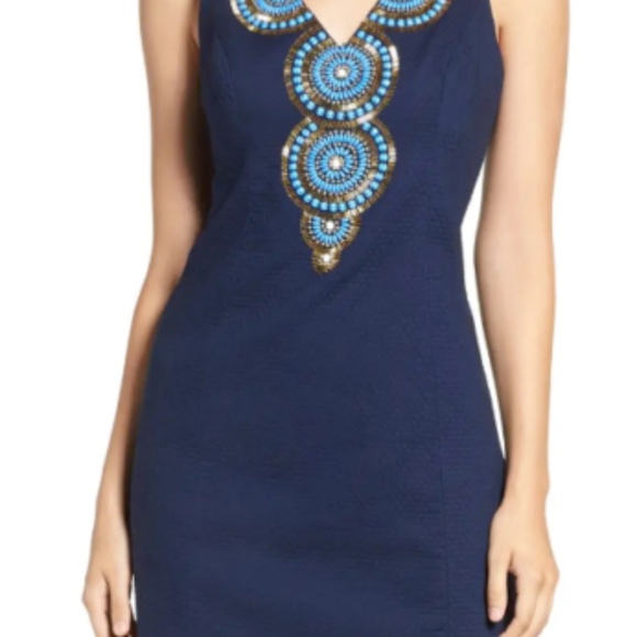 Lilly Pulitzer Navy Gabby Shift Dress Beaded Neckline – Excellent Condition Sz 2 - Picture 3 of 6